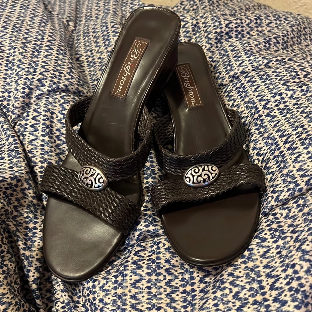 Brighton Denise Croc Wedge Heels Brown Woven Leather Sandals Slides Womens 8.5 M
